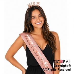 SET VINCHA MIS 15 Y BANDA FELIZ CUMPLEA�OS ROSA GOLD